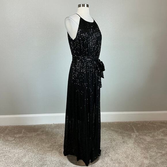 DKNY Sequined Halter Maxi Dress Size 8 Black Sequined Sleeveless Long Formal - Picture 2 of 14